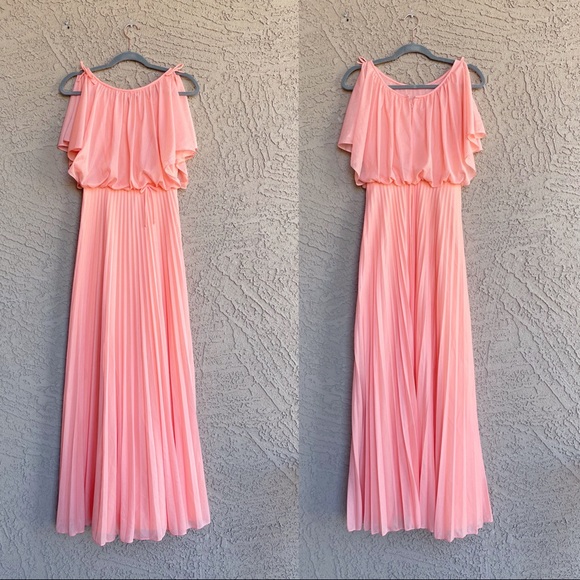 VINTAGE 1970s NEW Salmon Coral Orange Pink Pleated Grecian Bridesmaid Maxi Dress - Picture 5 of 10